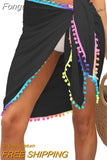 Women Beach Sarongs, Sexy Sheer Mesh Swimsuit Wrap Skirt Bikini Cover Up with Colorful Pompom Tassel Summer