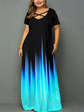 Fongt Summer Gradient Positioning Print V Neck Short Sleeve Large Size Pocket Dress