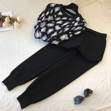 Fashion Printing Knitted 2 Peice Set Women Autumn Long Sleeve Pullover Sweater + Harem Pants Suit Black Ankle-Length