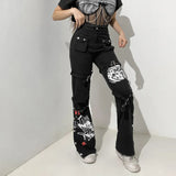 New Street Style Cool Wind Design Feeling Printed Metal Button Denim Pendant Trousers-Outfit