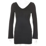 Basic Solid V-Neck Dress Korean Style Sexy Slim Long Flare Sleeve Mini Dresses For Women 2021 Elegant Fashion