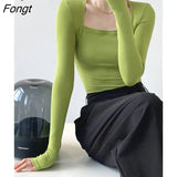 French Gentle Long-Sleeved Square-Neck T-Shirt Women Slim Fake Two-Piece Top Autumn Solid Color Bottoming