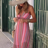 Fongt Women's New Summer Bohemian Print V-Neck Sling Open Dress 8018