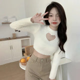 Women Hollow Out Tops Expose Navel Lint Knitted Long Sleeves Sexy Ladies Solid Sweaters Soft Chic-Outfit