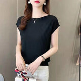 Fongt Temperament Bat Sleeve Short-Sleeved T-Shirt For Women's 2024 Summer Wear New Black Ice Silk Knitted Shirt Loose Word Collar