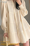 Sleeve Dress Women Ins Spring Lovely Solid A-line Ruffles Korean Apricot Fashion Retro Turn-down Collar
