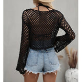 Women Wool Knitwear Solid Color Mesh Round-Neck Long Sleeve Knitted Pullover Tops For Ladies 5 Colors Beachwear Bikini Cover