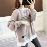 New Spring Autumn Pullover Women's Thin Loose Korean Style Fake Two-piece Blouse Clothes Letter Printing Sweatshirt