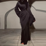 Fongt New Women's Folded Long Sleeves To Close The Waist Irregular Solid Dress