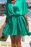 Summer Office Lady V Neck Solid Dress Patchwork Loose Ruffles High Waist Dress Women Casual Short Sleeve Streetwear