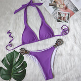 Fongt Sexy Bikini Color Female Split Strap Deluxe Crystal Diamond Swimsuit Metal Accessory