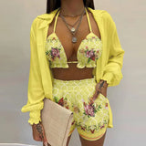 Fongt New Sexy Women's Pure Color Shorts Fashion Three-Piece Set