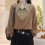 Women's Clothing Vintage Turn-down Collar Blouse Autumn Winter New Commute Fake Two Pieces Patchwork Loose Stylish Epaulet Shirt-Outfit