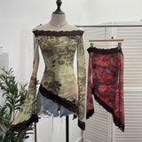 Fongt Leopard Print Lace Spliced Double-Layer Mesh Shoulder Irregular Loudspeaker Top 9912