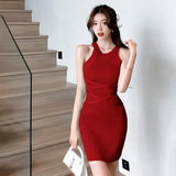 Dress Solid Colour Women's Dress Slim Sexy Knitting Slim Daily Ladies Sleeveless Mini Dress Summer Korean Style-Outfit