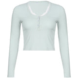 New Spice Girl Style Round Collar Single-Breasted Lace Stitched Pure Long-Sleeved Knitted Blouse-Outfit
