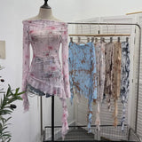 Purely Want A Word Shoulder Ink Print Tie-Dye Mesh Long-Sleeved Shirt Irregular Lotus Leaf Side Top