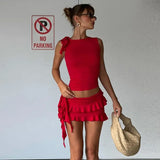 Fongt Summer New Women's Sleeveless Round Collar Bodysuit Small Vest Top Two Sets