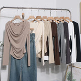 Real Shooting 褶皱 Irregular Swing Long Sleeve T-Shirt Women's Autumn/Winter New Dressed T-Shirt With A Top