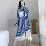 Clothing Striped Spliced Dresses Stylish Asymmetrical Fake Two Pieces Spring Autumn Polo-Neck Single-breasted Midi Dress-Outfit