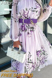 Women Elegant Floral Print Chiffon Dress Fashion O Neck Long Sleeve Beach Dress Ladies Casual Long Sleeve A-Line Dress