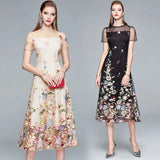 Fongt Heavy Industry Positioning Color Embroidery Temperament Female High-Waist Thin Dress