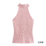 Fongt Women's Temperament Sleeveless Hanging Neck Knitted Shirt Artificial Jewelry Vest