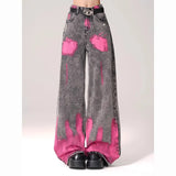 Fongt Street Graffiti-Print Straight Jeans Women High-Rise Thin Legs Loose-Fall Tug On The Ground Long Pants Tide
