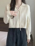 The New Korean Version Lace-Up Pullover In Spring 2024 Is Girly With Polo Collar And Simple Bottomed Sweater.-Outfit