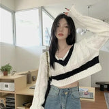 Korean Style V-neck Striped Crop Sweater Women Harajuku Y2K Oversize Pullover Jumper Basic Loose Knitted Tops