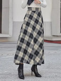 Fongt Autumn Lady High-Rise Thin Lattice A-Shaped Skirt Party Casual Loose Swing Umbrella Skirt