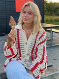 2022 Autumn Knitted Long Sleeve Cardigan Women Red Stripe Loose V Neck Oversized Sweater Tops Fashion Casual