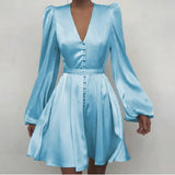 Women vintage lantern sleeve mini dress A-line pink blue khaki stain single breasted 2021 new fashion party