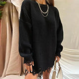 Women's Knitted Padded Pullover Ripped Sweater Autumn Winter Oversized Tops Female Long-sleeved Casual Clothing TH855-Outfit