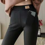 Cold-Resistant Leggings Women Fashion Casual Lamb Cashmere Leggins Mujer Pockets Plus Velvet Thickening