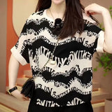 Abstract Letter Printed T-shirt Women's Clothing Korean Loose Short Sleeve 2023 Summer Stylish Patchwork O-Neck Pullovers-Outfit