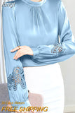 Women's Blouse Silk Tops for Women Solid Embroidered Long Lantern Sleeve Top Stand Neck Clothing Female 2023 Basic