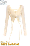 Women Irregular T-Shirts Sexy Long Sleeve Crew Neck Drawstring Chic T-Shirt Crop Tops Basic Tees Undershirt 2023 Autumn