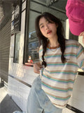 Fongt Striped Round Collar Short-Sleeved T-Shirt New 2024 Women's Summer Korean Version Loose Show Slim Student Top
