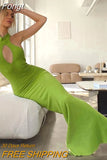 Stripe Knitted Women Sleeveless Hollow Out Maxi Dress Slit Bodycon Sexy Party Club Elegant Evening Y2K Prom