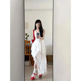 Fongt Korean Holiday Style White Lace Splicing Sling Dress Women's 2025 Summer Irregular Cake