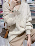 Basic Oversize Cotton Thick Sweater Autumn Loose Cashmere Sweater Elegant Long Sleeve V-neck Warm Pullovers Female