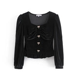 Square Neck Long Sleeve T Shirt Women Sexy Slim Spring Autumn Street Tops Tshirt Sweet Bow Button High Waist