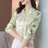 Women's Shirts Fashion Long Sleeve Sweet Printed Clothing Female 2023 Silk Polo Neck Button Up Tops Women Basic Blouse