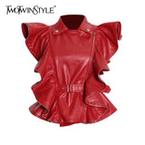 Casual Patchwork Leather Coats For Women Lapel Ruffles Sashes Short Slim Jackets High Street Female 2022 Spring