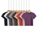 Trendy Women's Dress Slim And Show Thin Round Neck Short Style Navel Bottomed Blouse Net Version Of Solid Color Short-Sleeved T-Shirt-Outfit