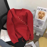 Oblique Button V-Neck Sweater Girls 2024 Spring New Design Super Good-Looking Loose Rope Knitted Cardigan-Outfit