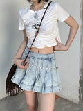 Y2K White Corset Tshirts Women Irregular Cow Print Harajuku Egirl Aesthetic Fairy Grunge Crop Top Short Sleeve T