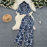 Fongt Light Style Suit Women's Fashion With Loose Short Print Shirt + High Waist Display Thin Leg Slacks
