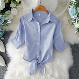White Shirt Female 2020 Summer New Korean Loose Bowknot College Style Short Sleeve Striped Blouse Women Tops Large